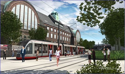 Visualisierung der Stadtbahn vor dem Holthusenbad, U Kellinghusenstr.