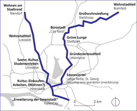 Darstellung zweier ausgewählter Linien für die Hamburger Stadtbahn